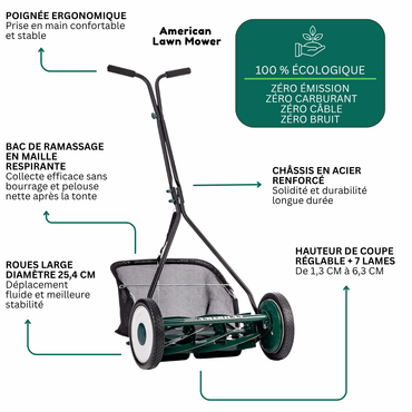 7-blade helical hand lawn mower and collection bag